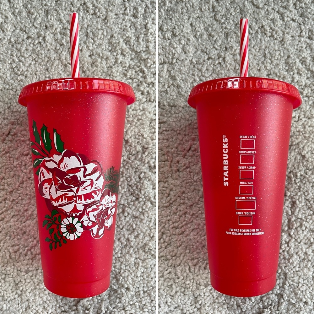 Starbucks Holiday Red Glitter Rose Plastic Reusable Coffee Tea Cold Cup Gift